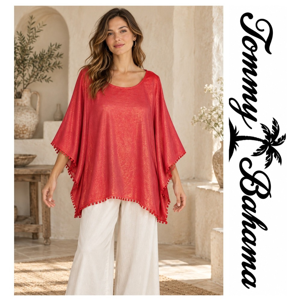 Tommy Bahama Coral Shimmer Oversized Dolman Sleeve Tunic Top Tassel Fringe S/M